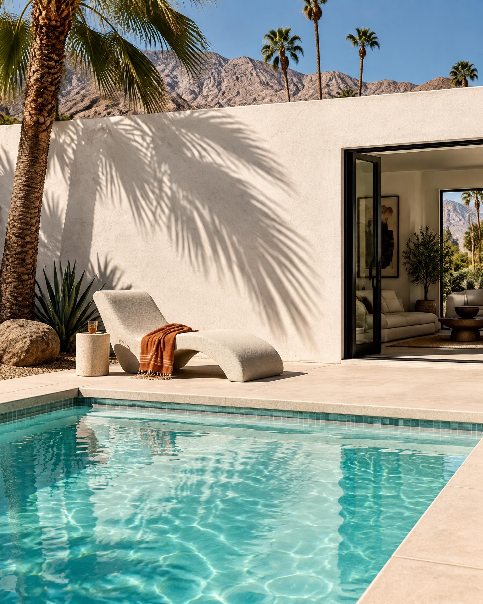 A sunlit stucco retreat beside a turquoise pool