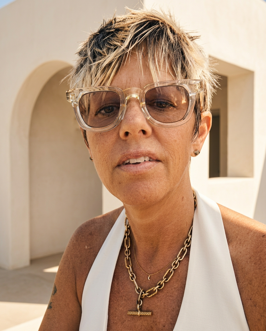 PHLUX in sunglasses and a gold chain against a sunlit white stucco wall